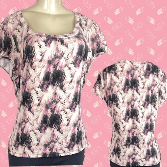 Worthington L Pink-Black-Cream Splash Print Scoop Neckline Short Sleeve Blouse - Picture 1 of 6